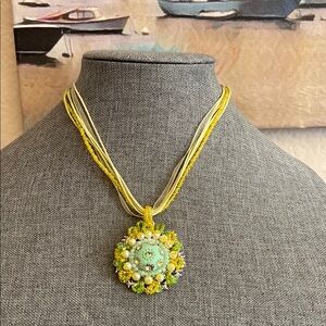Vintage 90s Artisan Yellow and Green Beaded Medallion Necklace